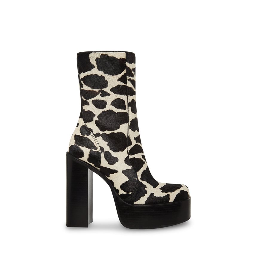 Black / White Steve Madden Dwane-c Cow Print Women\'s Ankle Boots | PH 2894BAY